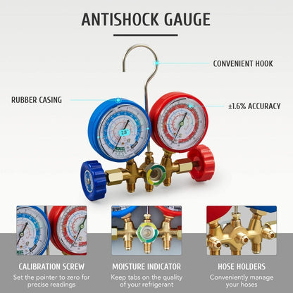 5FT AC Diagnostic Manifold Freon Gauge Set Fits for R134A R12, R22, R502, with Couplers, Adapter for Car A/C System Automotive Air Conditioning