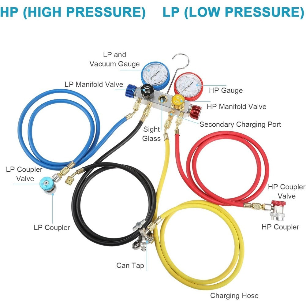 4 Way AC Diagnostic Manifold Gauge Set, Fits R134A R410A and R22 Refrigerants, with 5FT Hose, 3 Tank Adapters, Adjustable Couplers and Can Tap