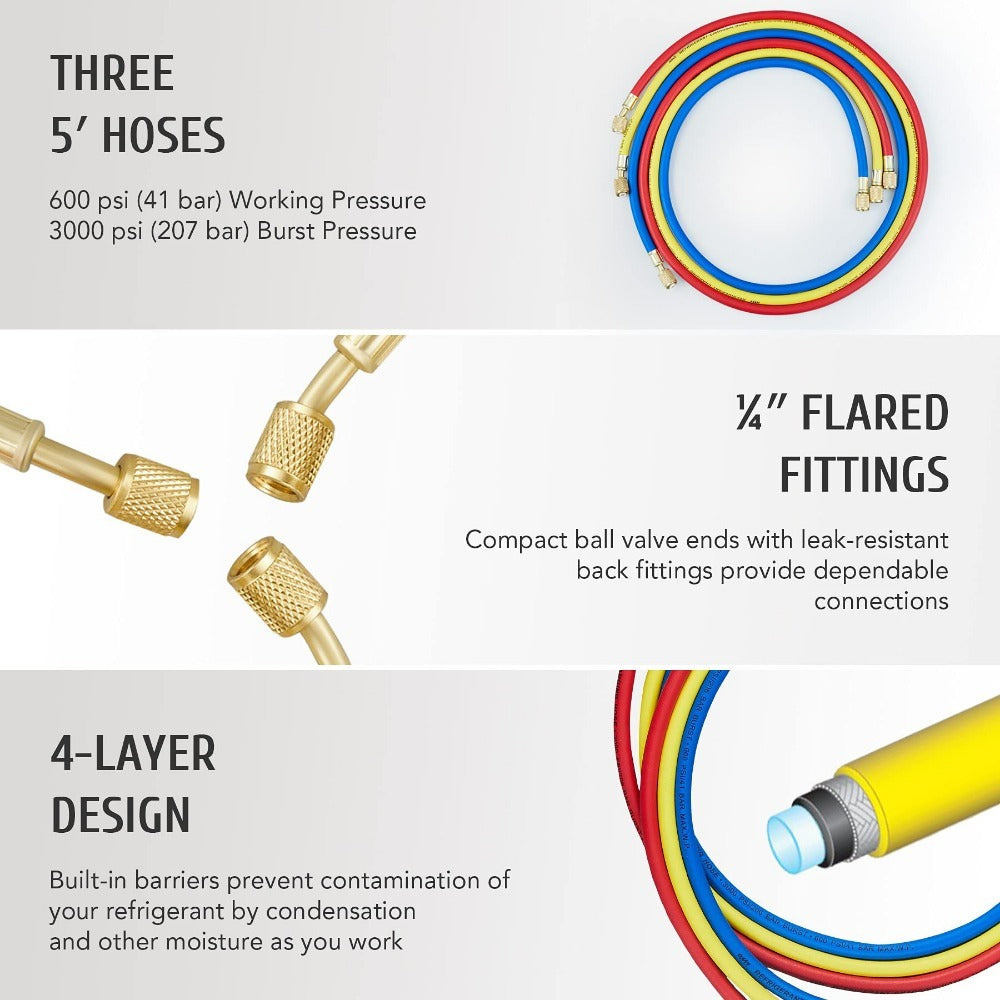 AC Manifold Gauge Set for R134a R12 R502 Refrigerant, 3 Way Car with 5FT Hoses Couplers & Adapter, Puncturing & Self Sealing Can Tap Freon Charge Kit